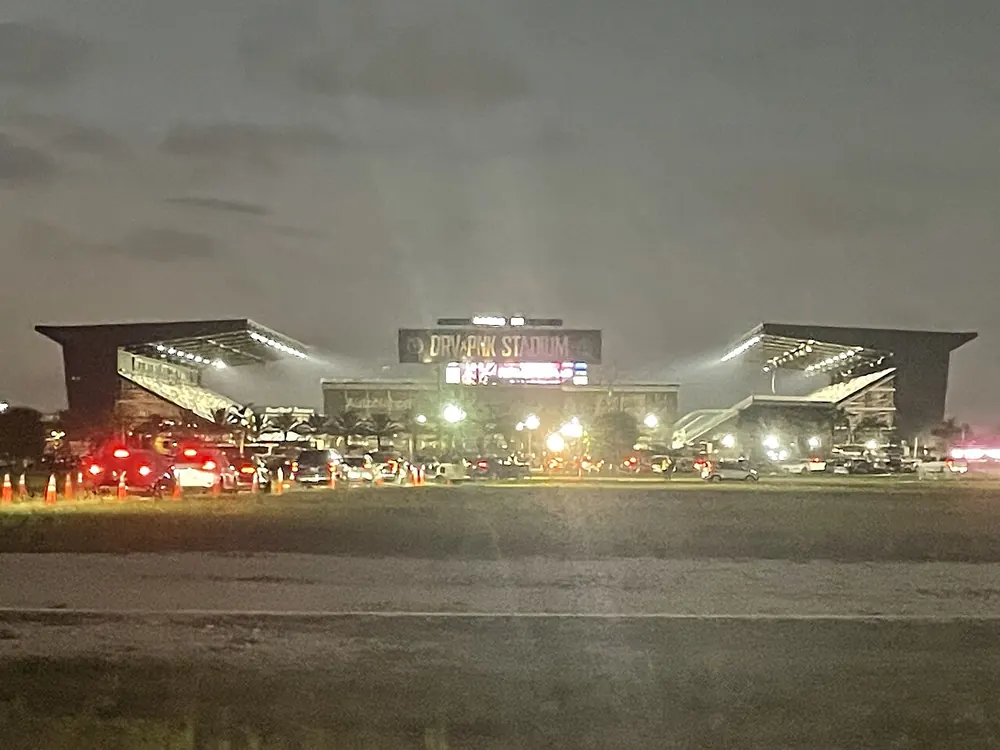 Stadium exterior lit at night, Major drop season