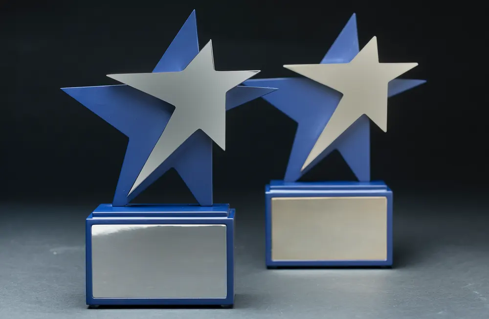 Row of crystal trophies and awards