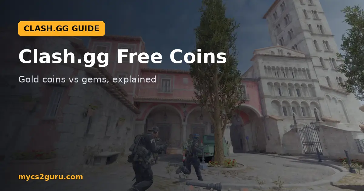 Clash.gg Free Coins headline graphic over a Counter-Strike 2 screenshot of Counter-Terrorists pushing through a sunny courtyard