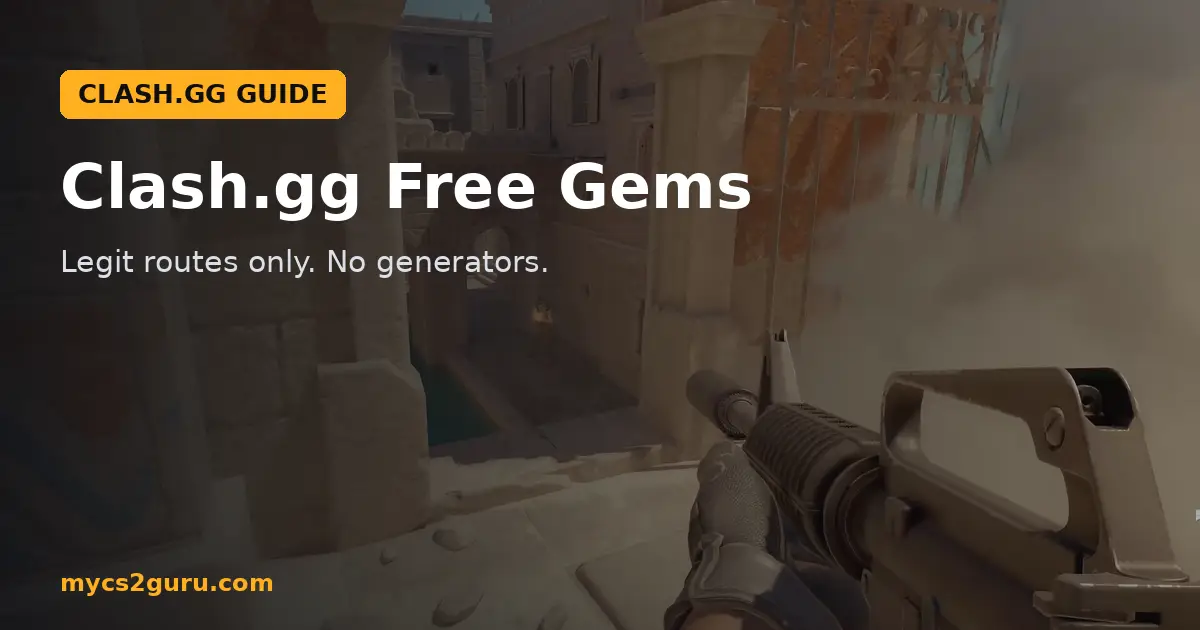 Clash.gg Free Gems headline graphic over a Counter-Strike 2 screenshot of a first-person M4 aimed down a sandy corridor