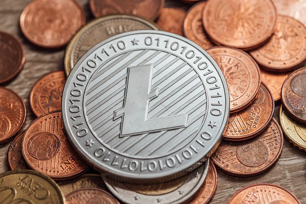 Litecoin coin on a pile of copper coins, value stuck during a CS2 trade hold