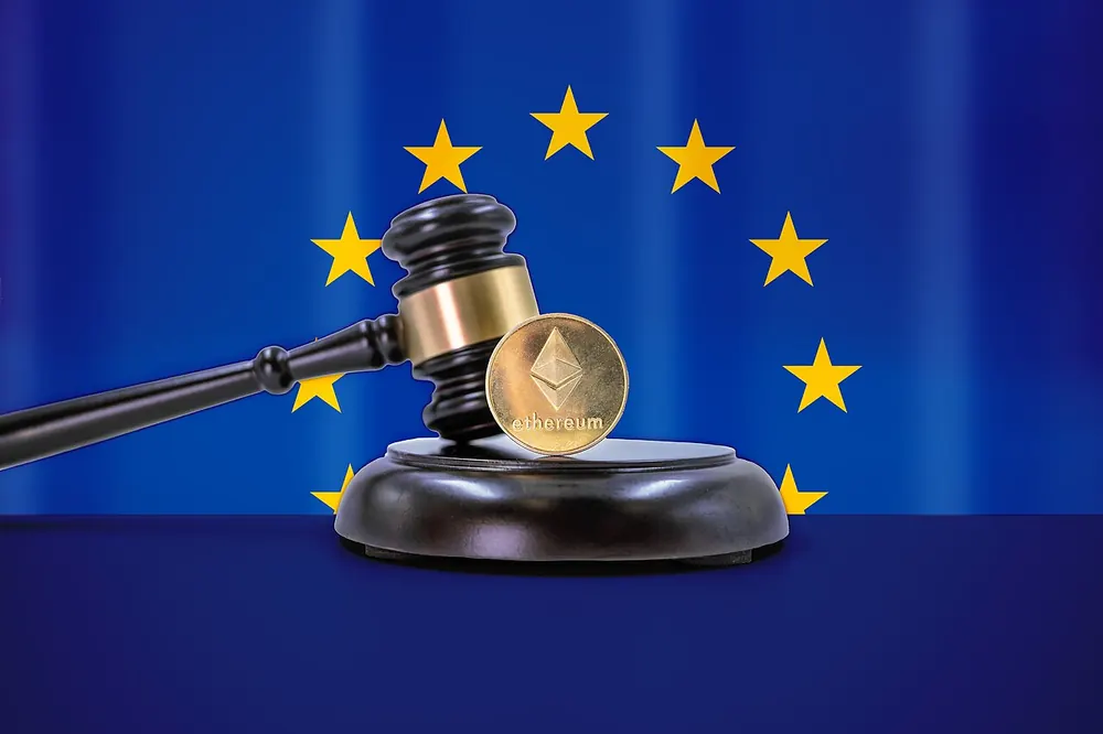Ethereum coin with a gavel and EU flag