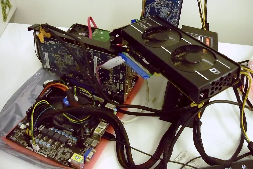 Bitcoin mining rig with exposed hardware, the tech behind buying CS2 skins with crypto