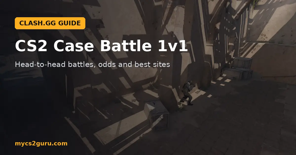 CS2 Case Battle 1v1 headline graphic over a Counter-Strike 2 screenshot of sunlit sandstone arches and a tunnel
