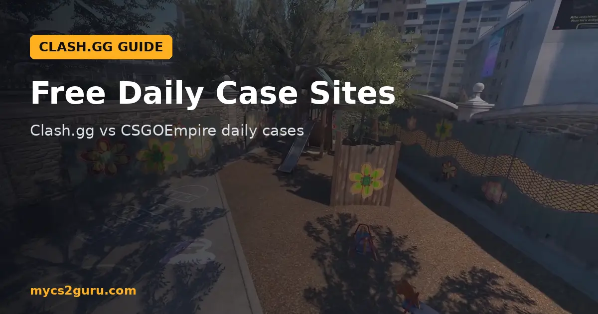 Free Daily Case Sites headline graphic over a Counter-Strike 2 screenshot of a sunny courtyard with sunflower murals