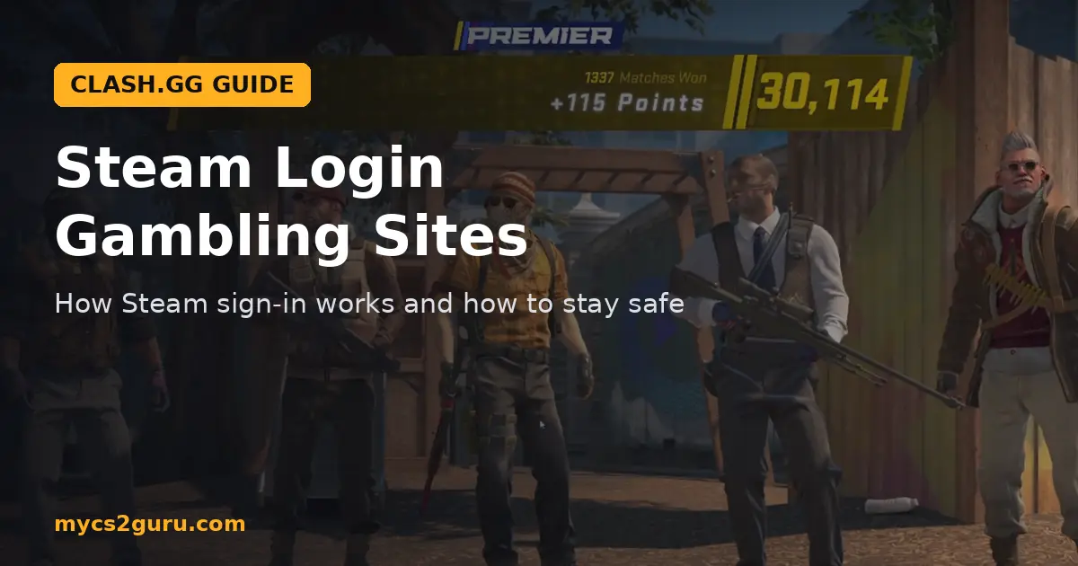 Steam Login Gambling Sites headline graphic over a Counter-Strike 2 screenshot of the Premier rating screen with a team of agents