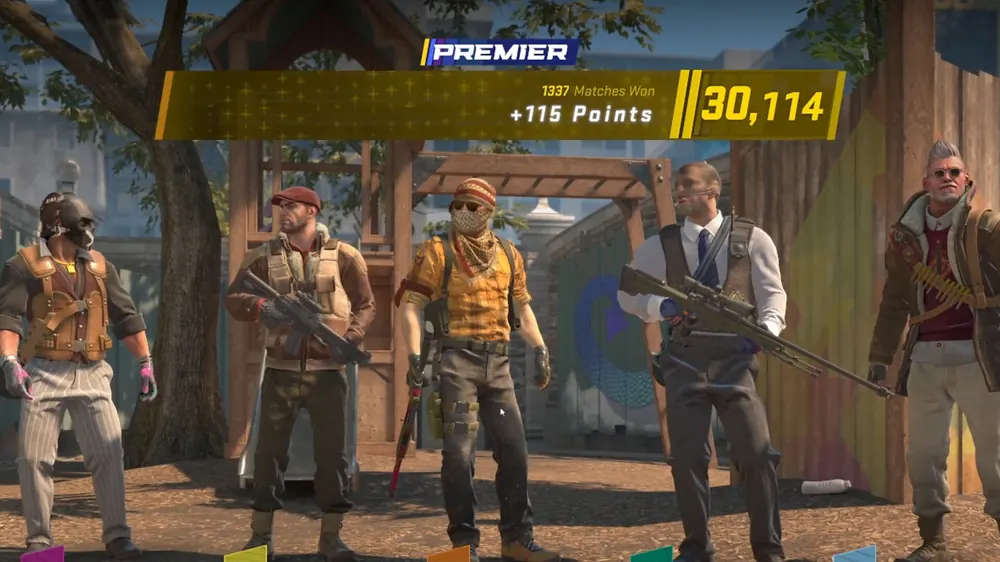 Counter-Strike 2 screenshot of the Premier rating screen with a team of agents, for this guide on cs2 trade bots explained
