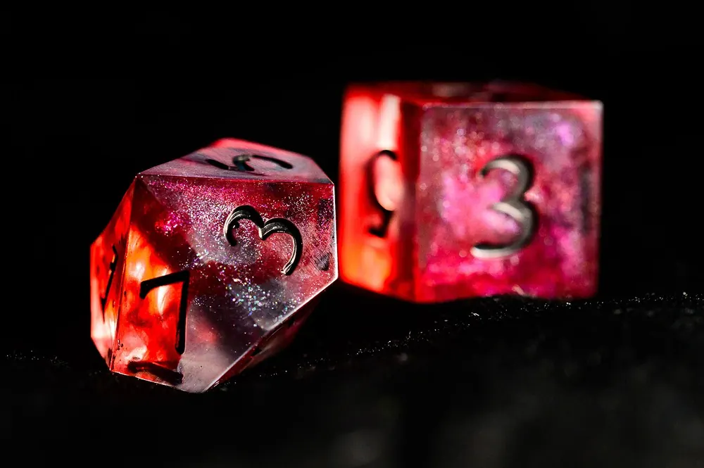 Colorful resin polyhedral dice, randomness you can verify with provably fair