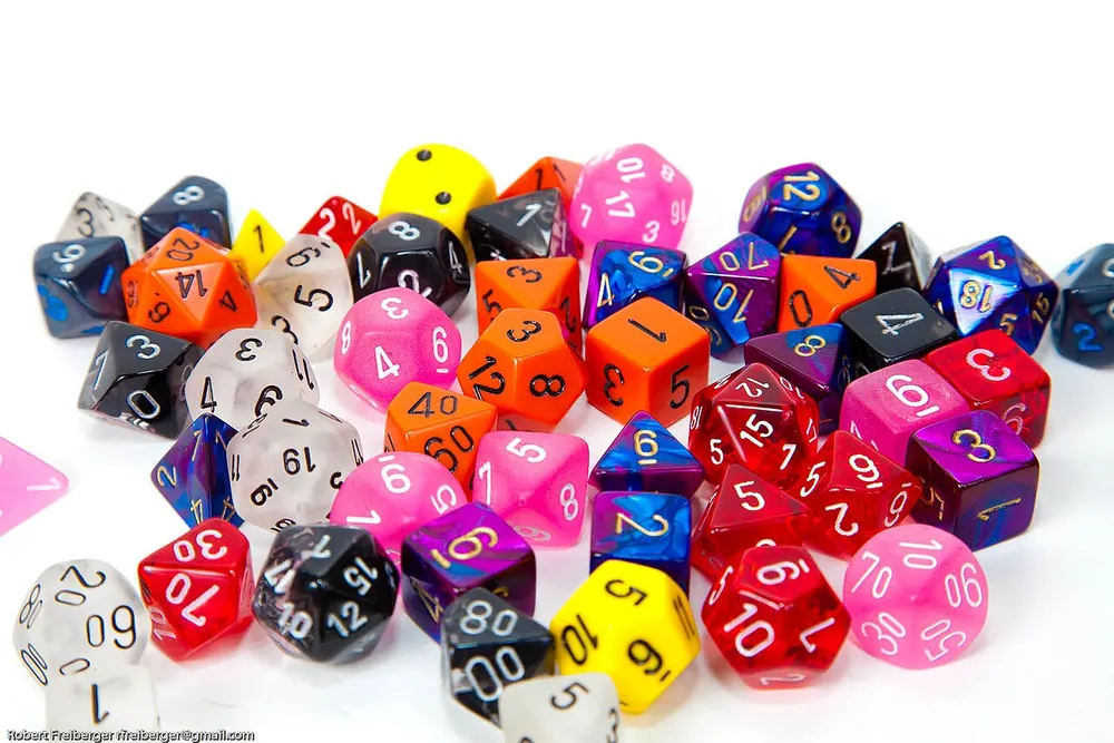Heap of colorful polyhedral dice