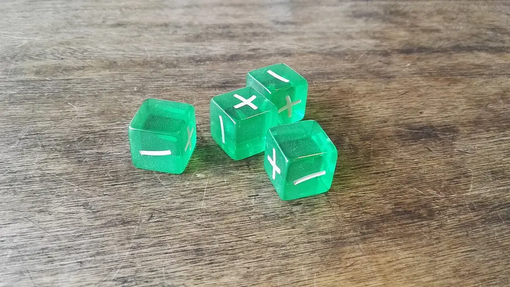 Green dice on a wooden table, CS2 betting from Australia