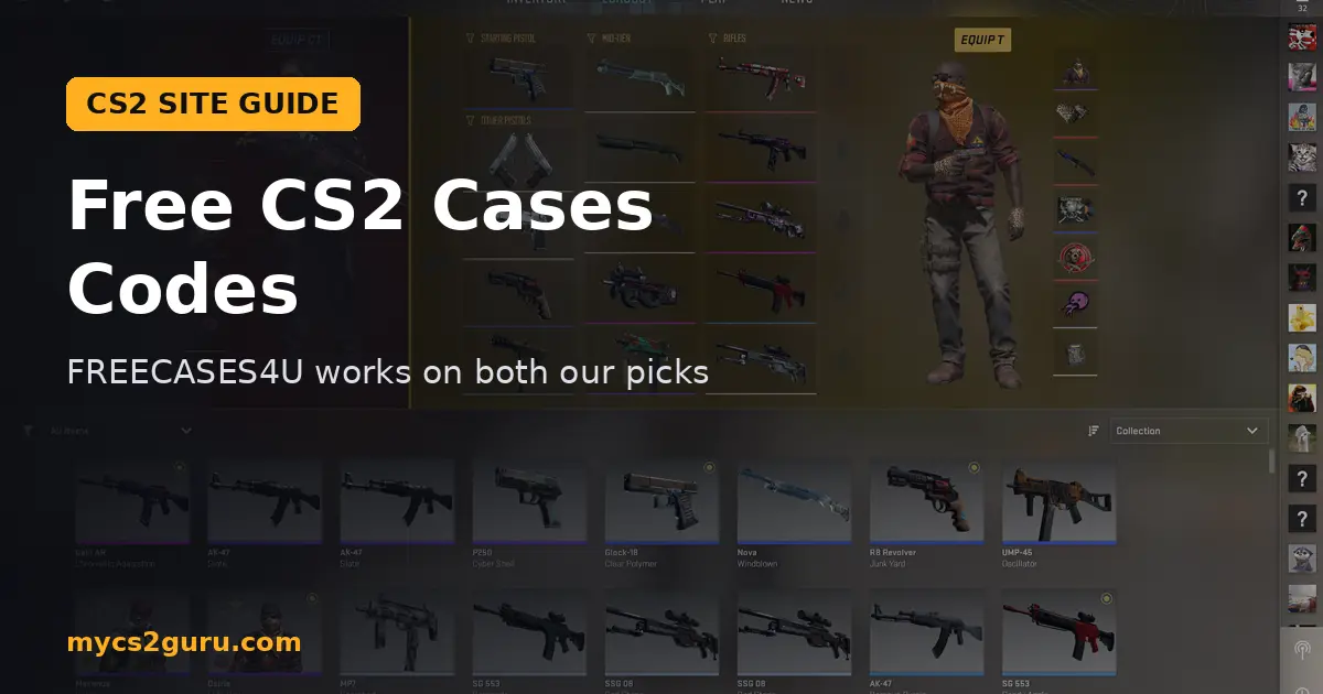 Free CS2 Cases Codes headline graphic over a Counter-Strike 2 screenshot of the inventory and loadout screen with weapon skins
