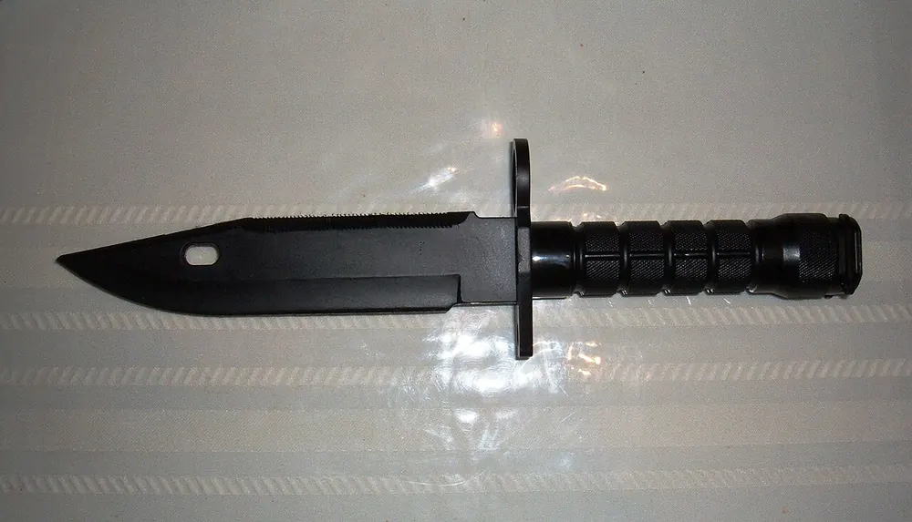 Black bayonet knife on a white background, a knife worth checking for a blue gem pattern
