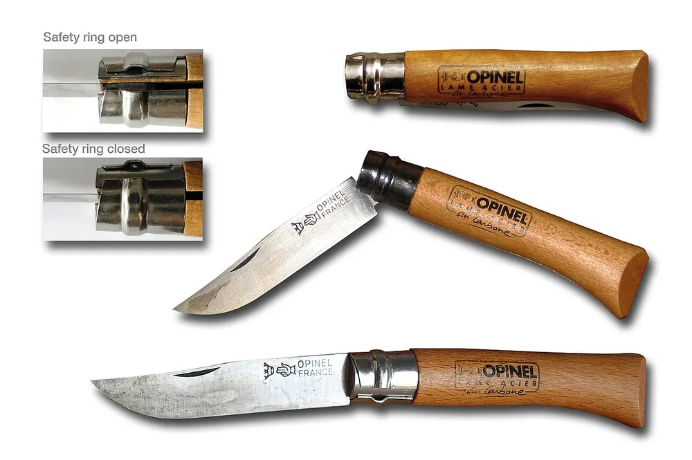 Traditional French folding knives with wooden handles, nice-looking like a sticker scrape