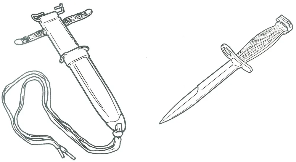 Line drawing of a bayonet knife and scabbard, sketching out a CS2 sticker craft