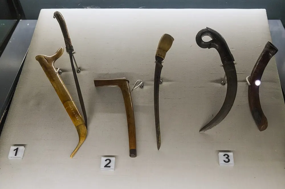Curved traditional knives in a museum display, CS2 Doppler phase vibes
