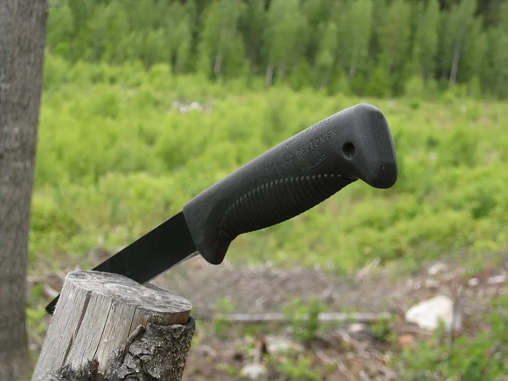 Black outdoor knife stuck in a stump in the forest, a rare find like the rarest CS2 skins