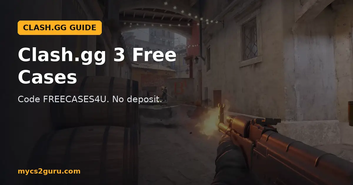 Clash.gg 3 Free Cases headline graphic over a Counter-Strike 2 screenshot of an AK-47 firing down a barrel-lined alley