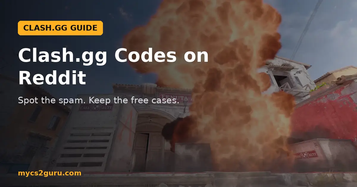 Clash.gg Codes on Reddit headline graphic over a Counter-Strike 2 screenshot of an HE grenade exploding over a street