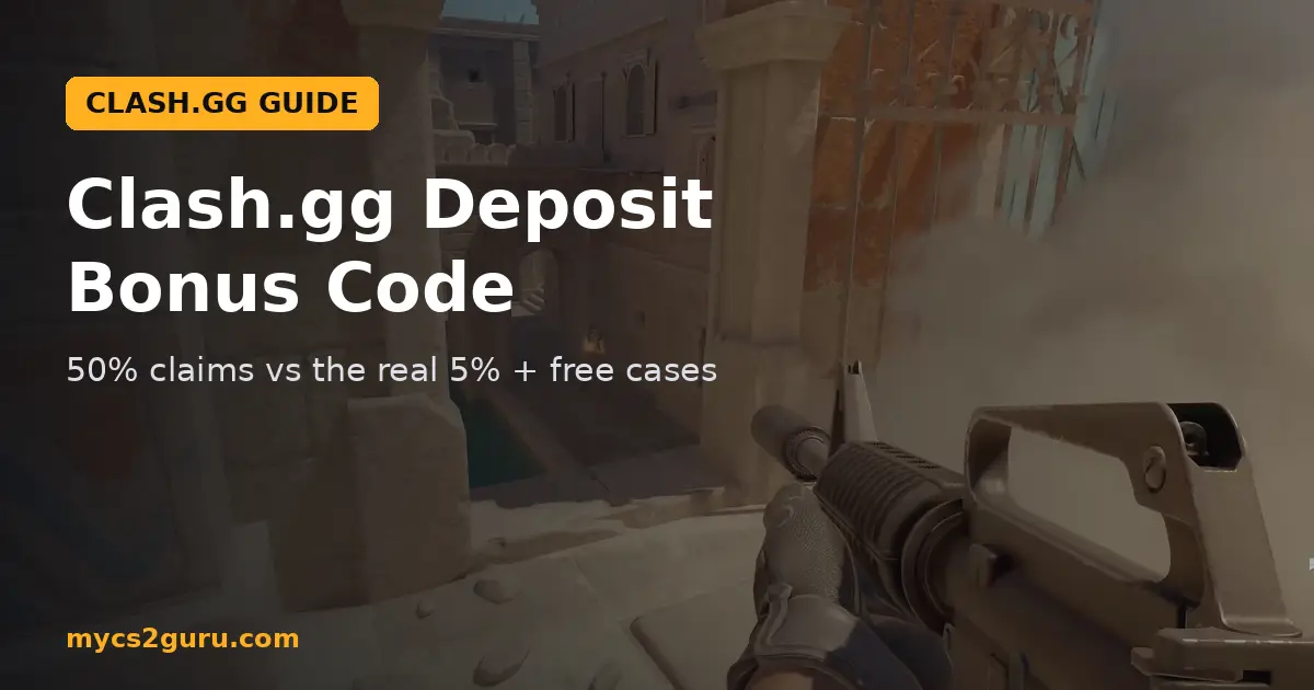 Clash.gg Deposit Bonus Code headline graphic over a Counter-Strike 2 screenshot of a first-person M4 aimed down a sandy corridor