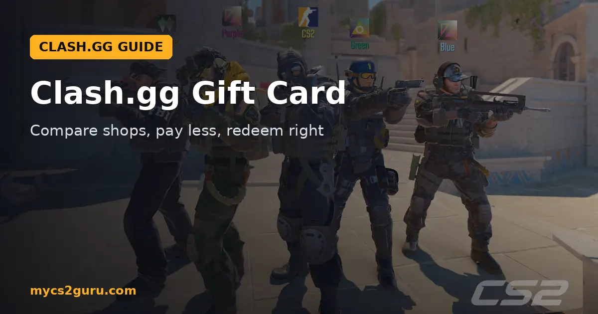 Clash.gg Gift Card headline graphic over a Counter-Strike 2 screenshot of a Counter-Terrorist squad lined up