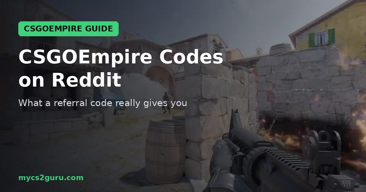 CSGOEmpire Codes on Reddit headline graphic over a Counter-Strike 2 screenshot of a rifle firing beside barrels in a stone courtyard
