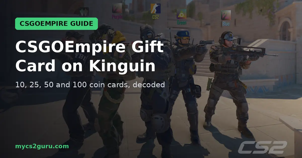 CSGOEmpire Gift Card on Kinguin headline graphic over a Counter-Strike 2 screenshot of a Counter-Terrorist squad lined up