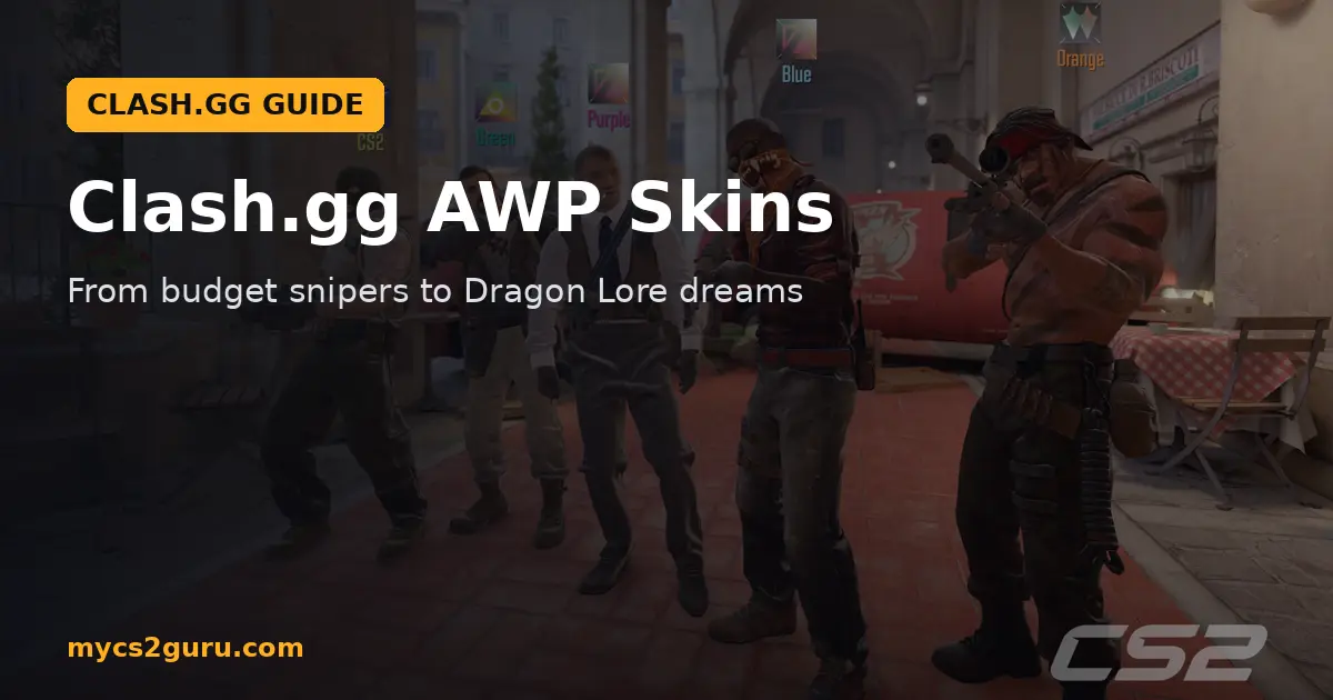 Clash.gg AWP Skins headline graphic over a Counter-Strike 2 screenshot of a Terrorist squad lined up