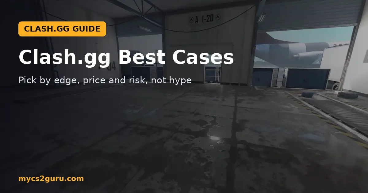 Clash.gg Best Cases headline graphic over a Counter-Strike 2 screenshot of an empty warehouse hangar