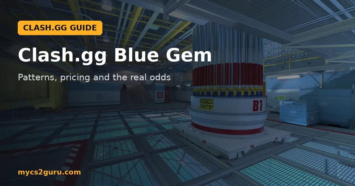 Clash.gg Blue Gem headline graphic over a Counter-Strike 2 screenshot of an industrial interior with a reactor and catwalks