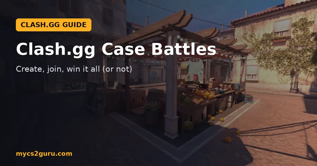 Clash.gg Case Battles headline graphic over a Counter-Strike 2 screenshot of an outdoor market stall in a sunny plaza