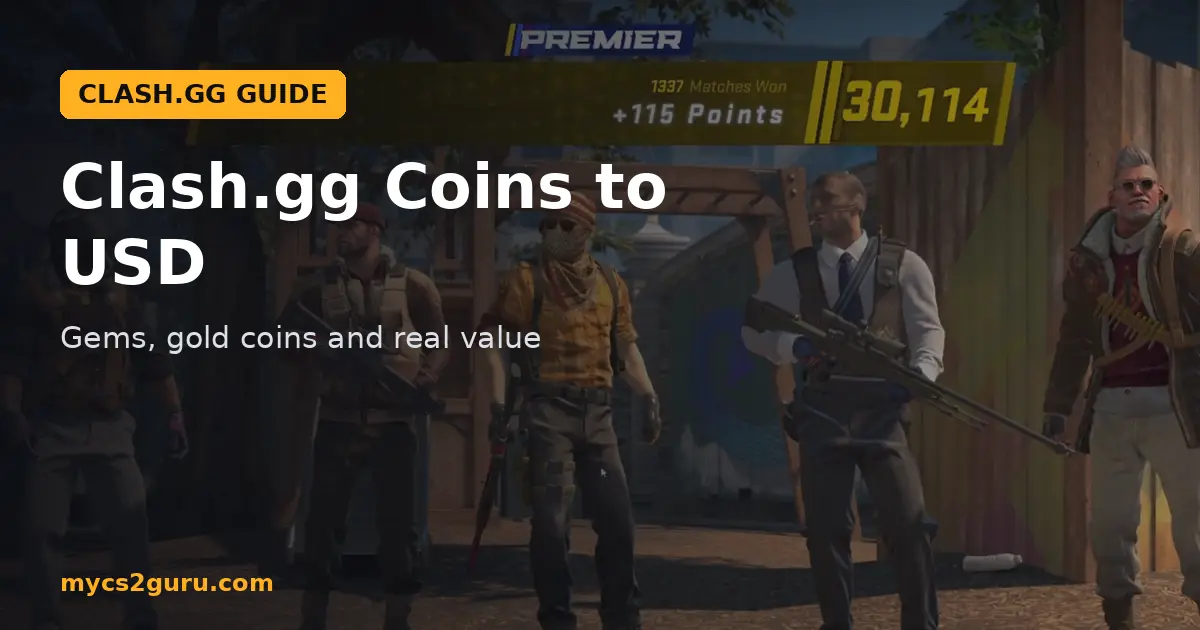Clash.gg Coins to USD headline graphic over a Counter-Strike 2 screenshot of a view through a window toward a bombsite