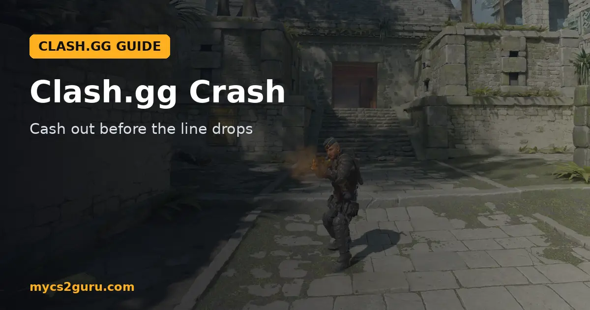 Clash.gg Crash headline graphic over a Counter-Strike 2 screenshot of an agent on a sunny stone path by ruins
