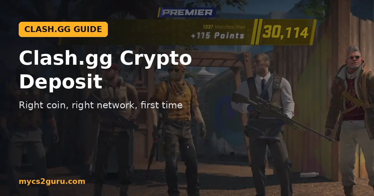Clash.gg Crypto Deposit headline graphic over a Counter-Strike 2 screenshot of the Premier rating screen with a team of agents