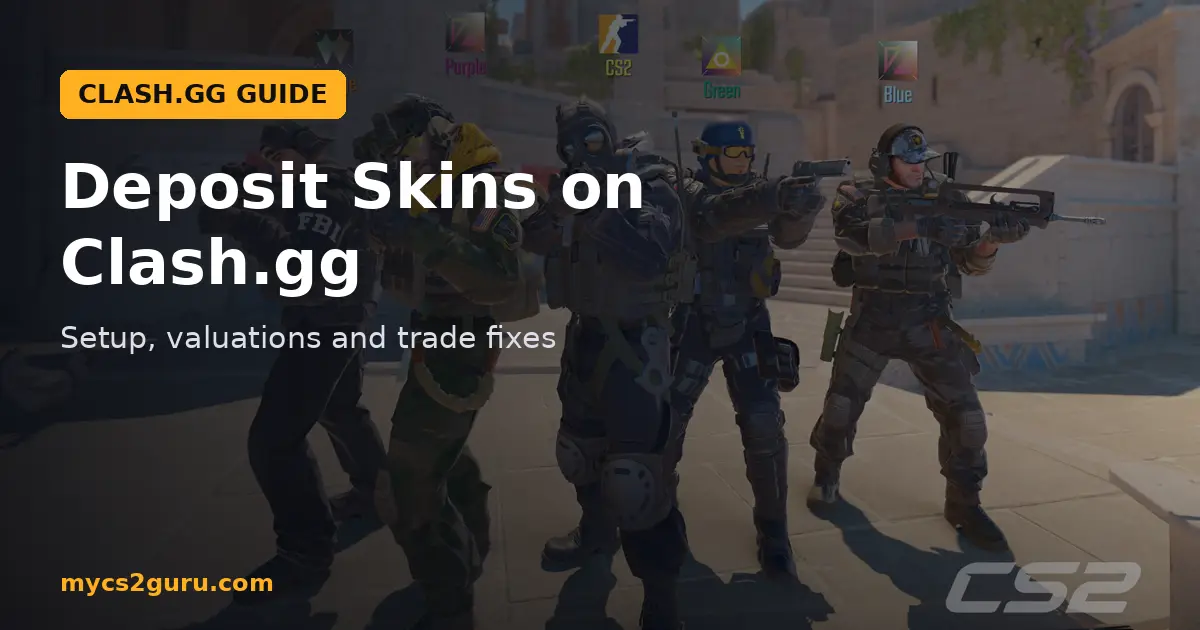 Deposit Skins on Clash.gg headline graphic over a Counter-Strike 2 screenshot of a Counter-Terrorist squad lined up