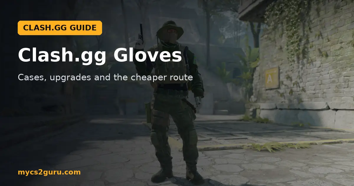 Clash.gg Gloves headline graphic over a Counter-Strike 2 screenshot of an operator standing in a sunny map area