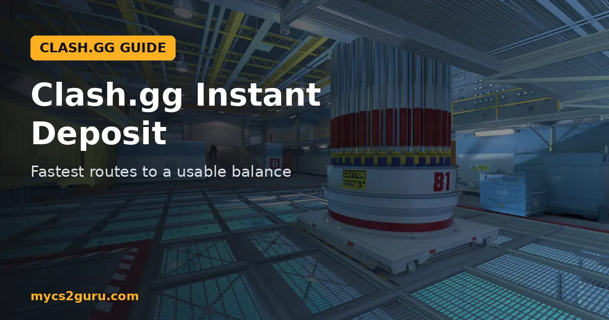 Clash.gg Instant Deposit headline graphic over a Counter-Strike 2 screenshot of an industrial interior with a reactor and catwalks
