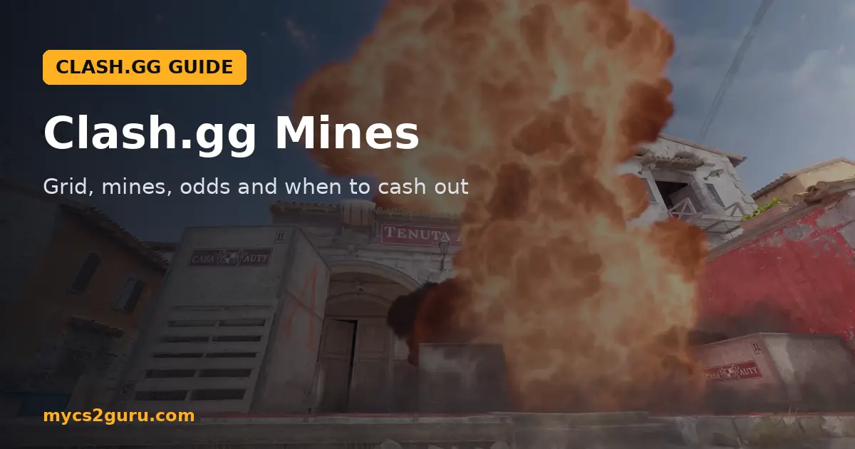 Clash.gg Mines headline graphic over a Counter-Strike 2 screenshot of an HE grenade exploding over a street