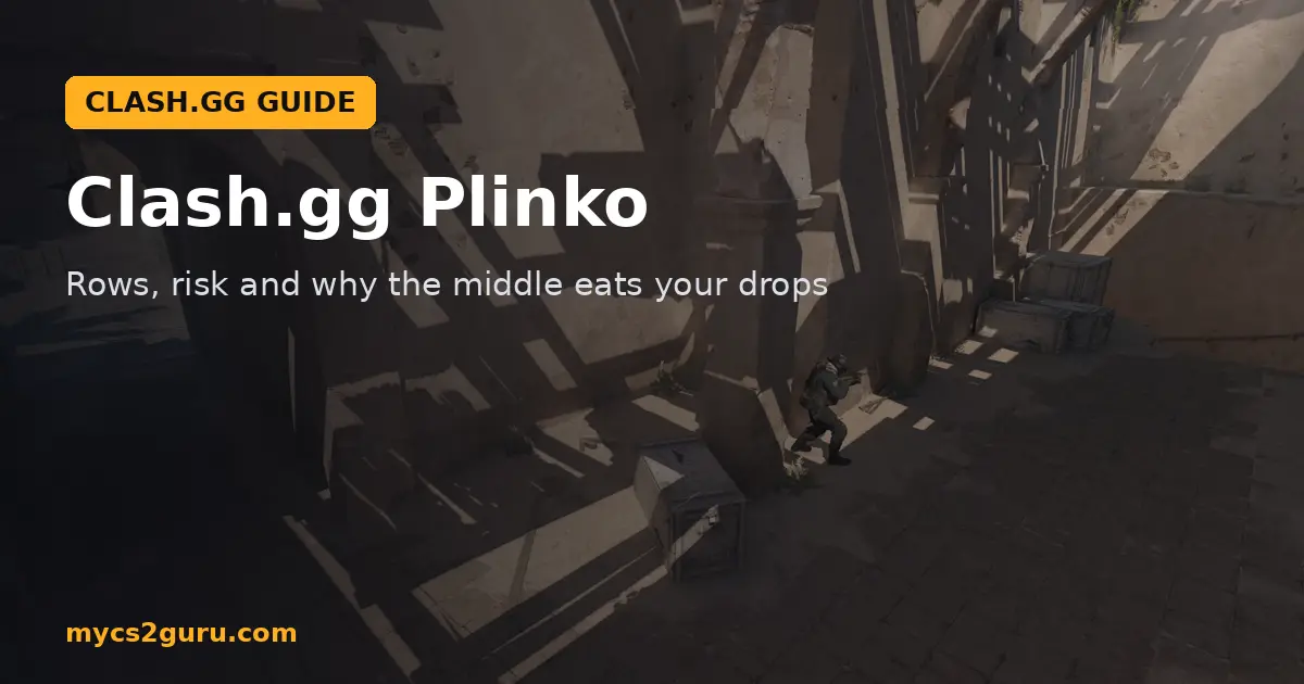 Clash.gg Plinko headline graphic over a Counter-Strike 2 screenshot of sunlit sandstone arches and a tunnel