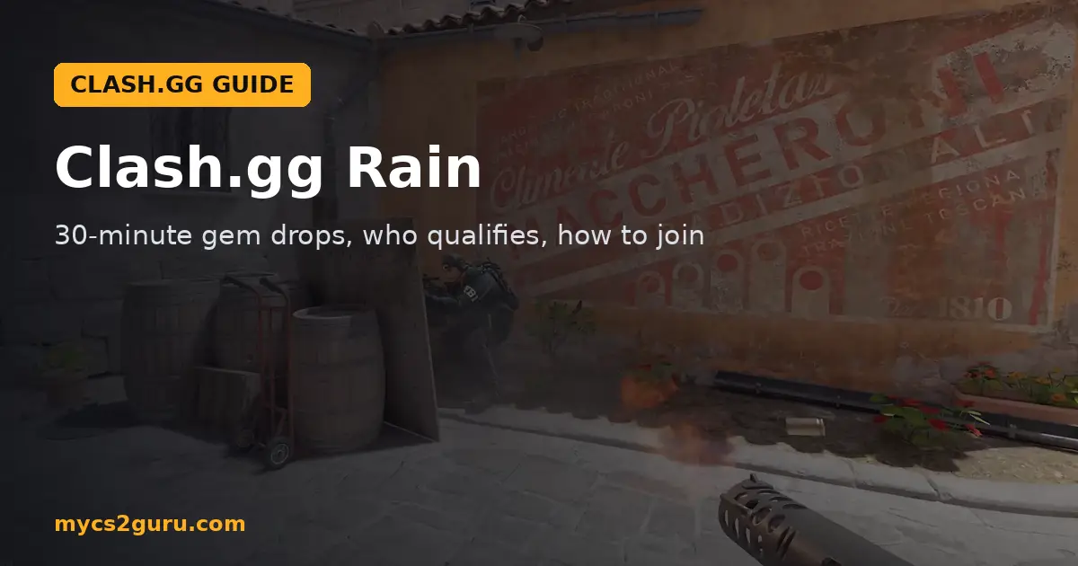Clash.gg Rain headline graphic over a Counter-Strike 2 screenshot of a market alley with a pasta mural and barrels