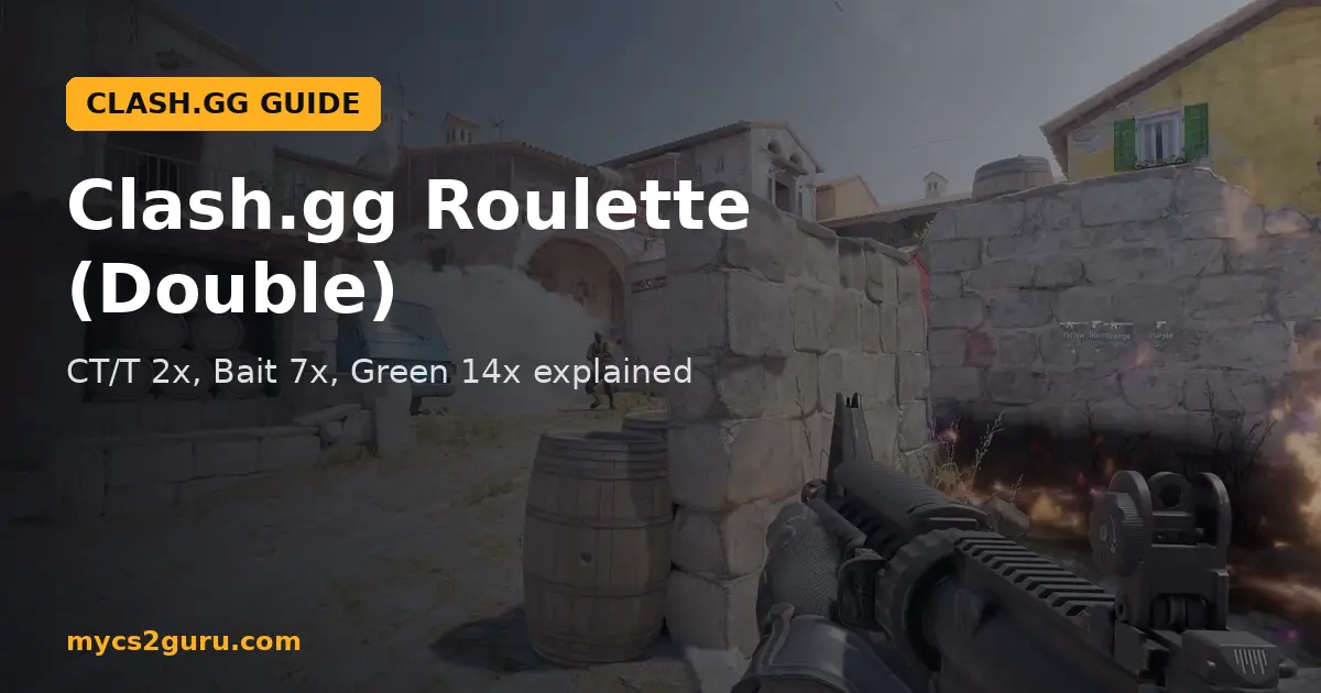 Clash.gg Roulette (Double) headline graphic over a Counter-Strike 2 screenshot of a rifle firing beside barrels in a stone courtyard