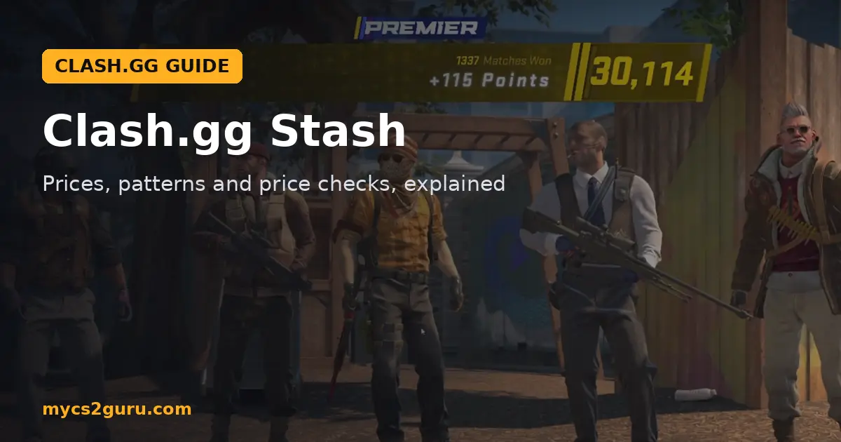 Clash.gg Stash headline graphic over a Counter-Strike 2 screenshot of the Premier rating screen with a team of agents