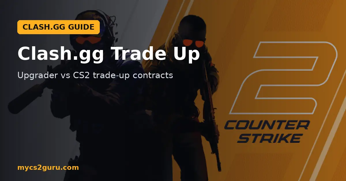 Clash.gg Trade Up headline graphic over a Counter-Strike 2 screenshot of the Counter-Strike 2 cover art with two operators