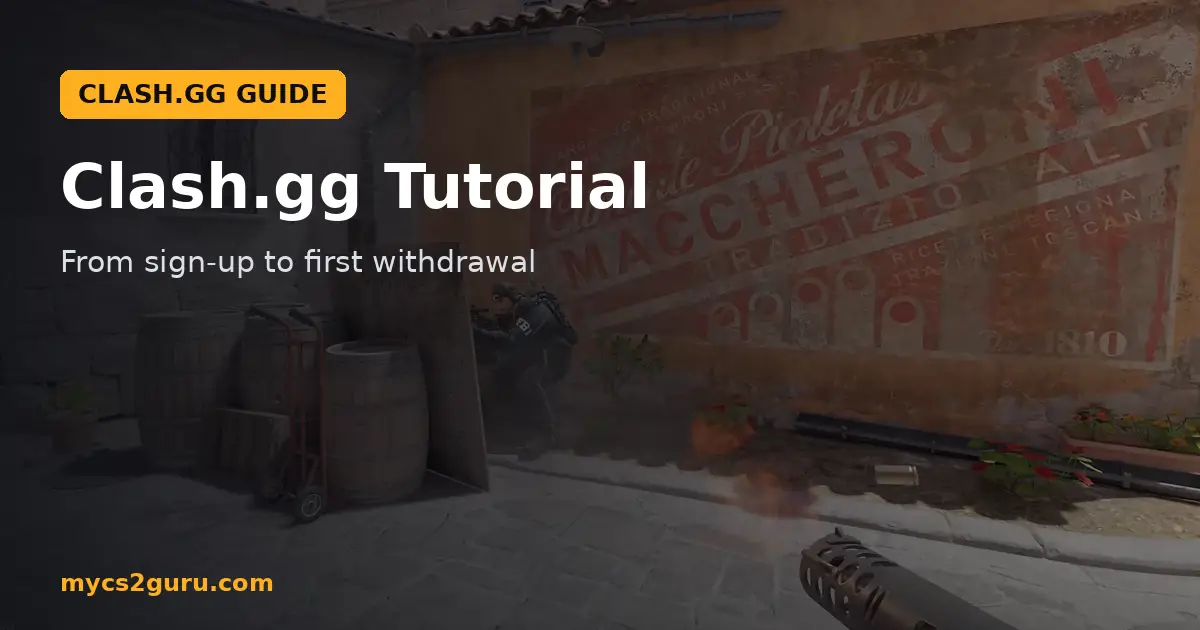 Clash.gg Tutorial headline graphic over a Counter-Strike 2 screenshot of a market alley with a pasta mural and barrels