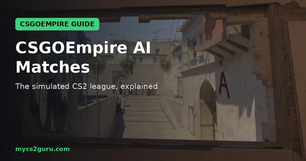 CSGOEmpire AI Matches headline graphic over a Counter-Strike 2 screenshot of an agent on a sunny stone path by ruins