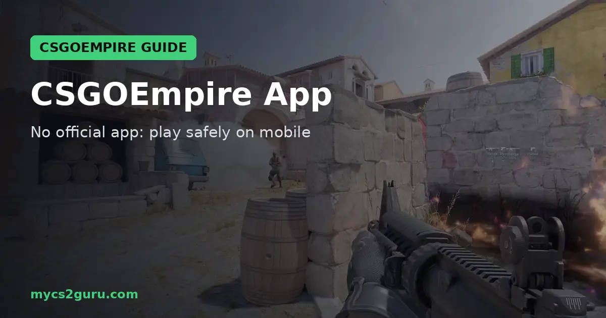 CSGOEmpire App headline graphic over a Counter-Strike 2 screenshot of a rifle firing beside barrels in a stone courtyard