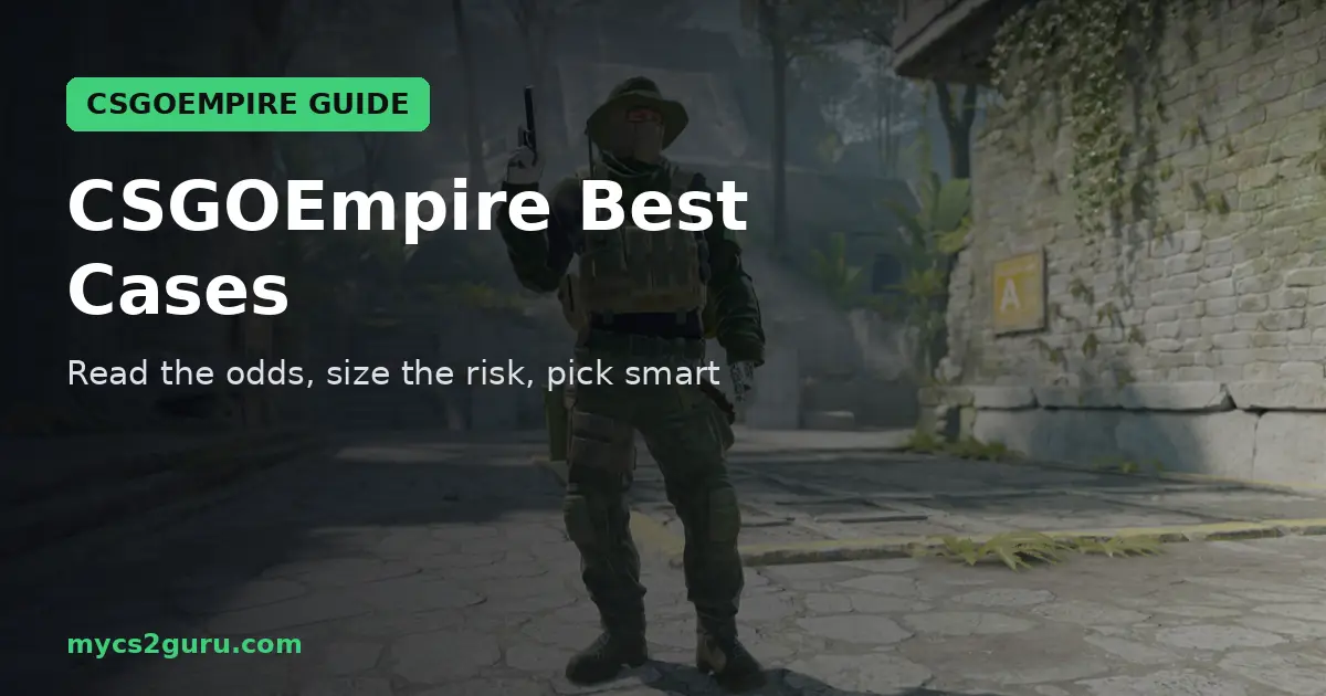 CSGOEmpire Best Cases headline graphic over a Counter-Strike 2 screenshot of an operator standing in a sunny map area