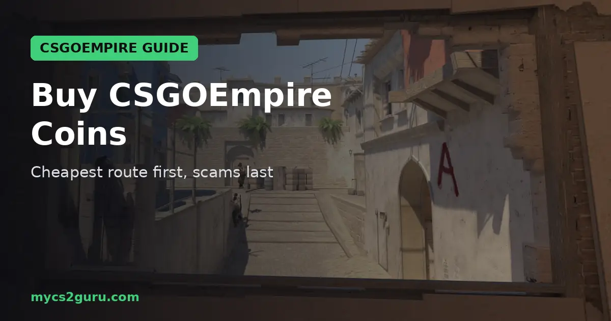 Buy CSGOEmpire Coins headline graphic over a Counter-Strike 2 screenshot of a view through a window toward a bombsite