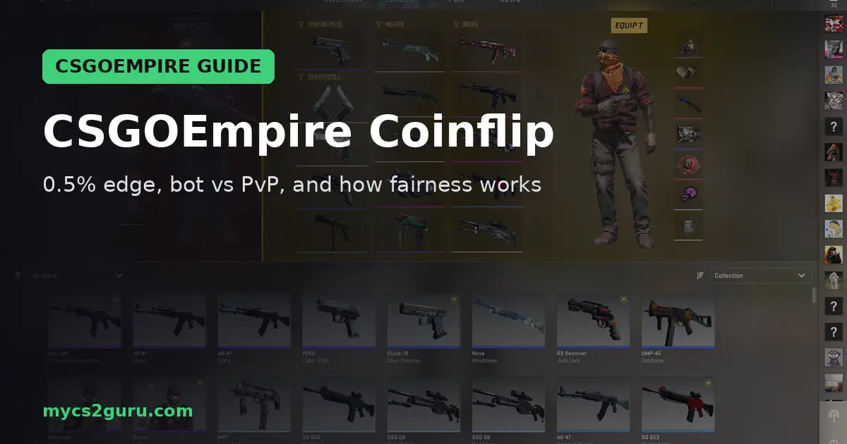 CSGOEmpire Coinflip headline graphic over a Counter-Strike 2 screenshot of the inventory and loadout screen with weapon skins