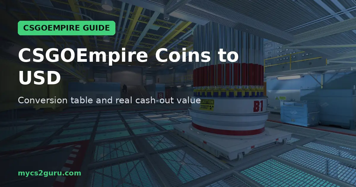 CSGOEmpire Coins to USD headline graphic over a Counter-Strike 2 screenshot of the inventory and loadout screen with weapon skins