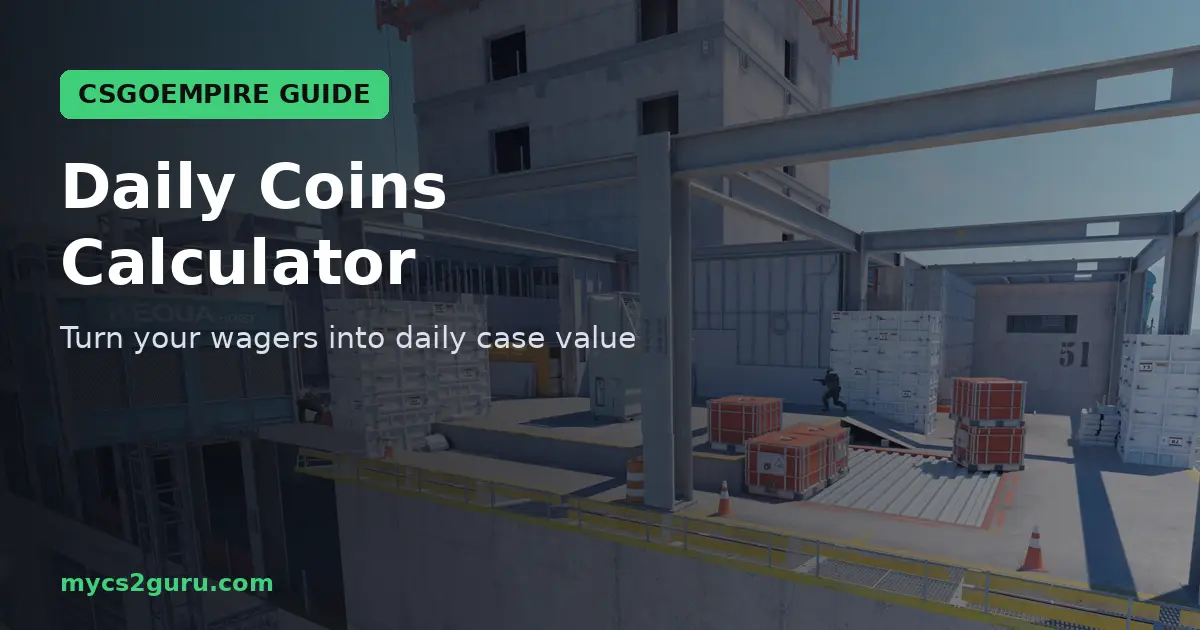 Daily Coins Calculator headline graphic over a Counter-Strike 2 screenshot of rooftops and industrial buildings